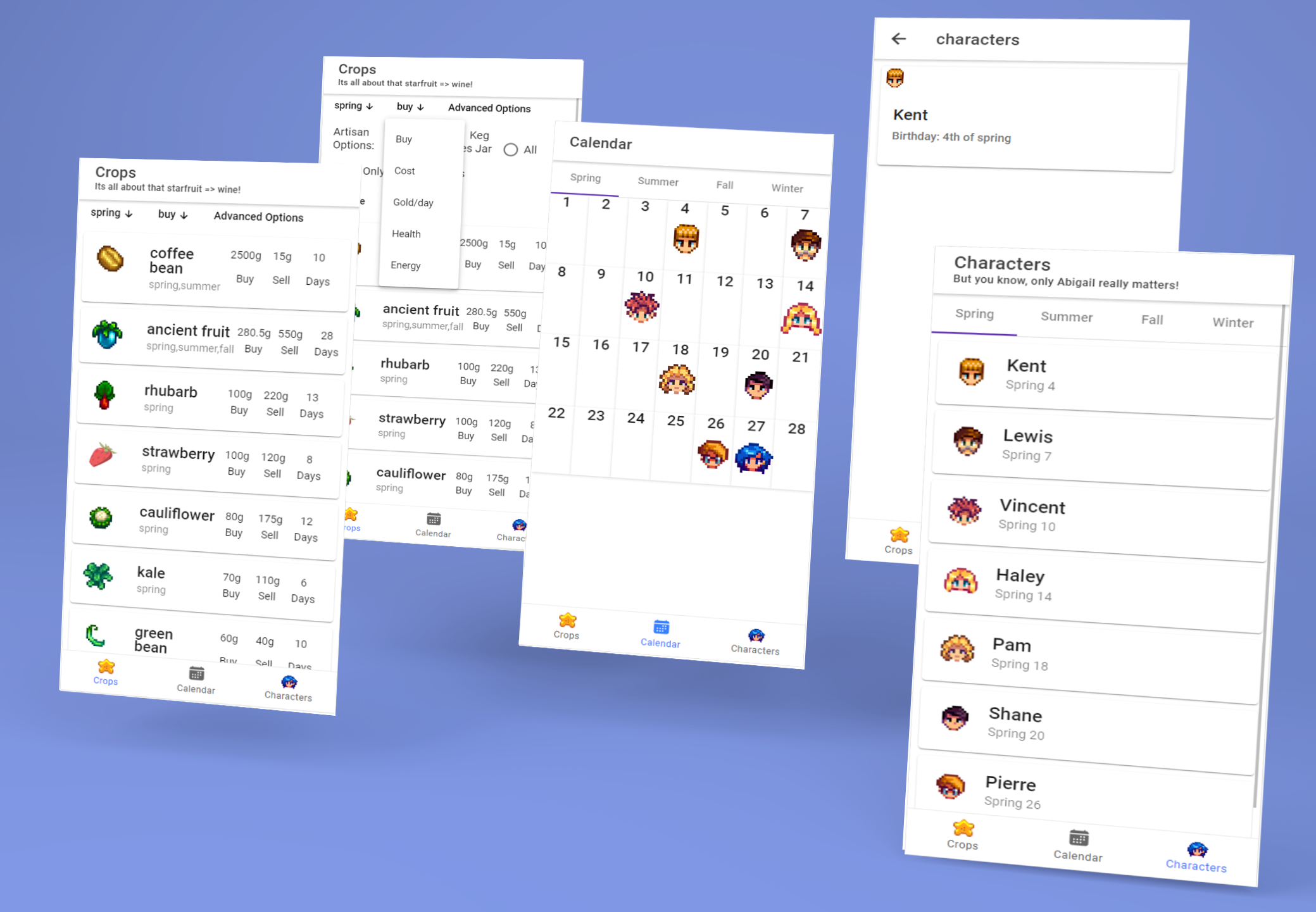 Multiple screen shots of app showing calendar, crop list and character list.